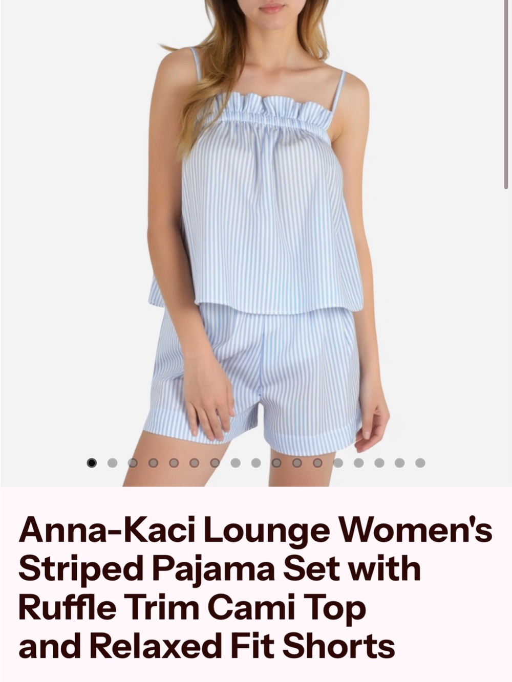 Anna-Kaci Women’s Striped Pajama Set with Ruffle Trim Cami Top (Medium, Blue)